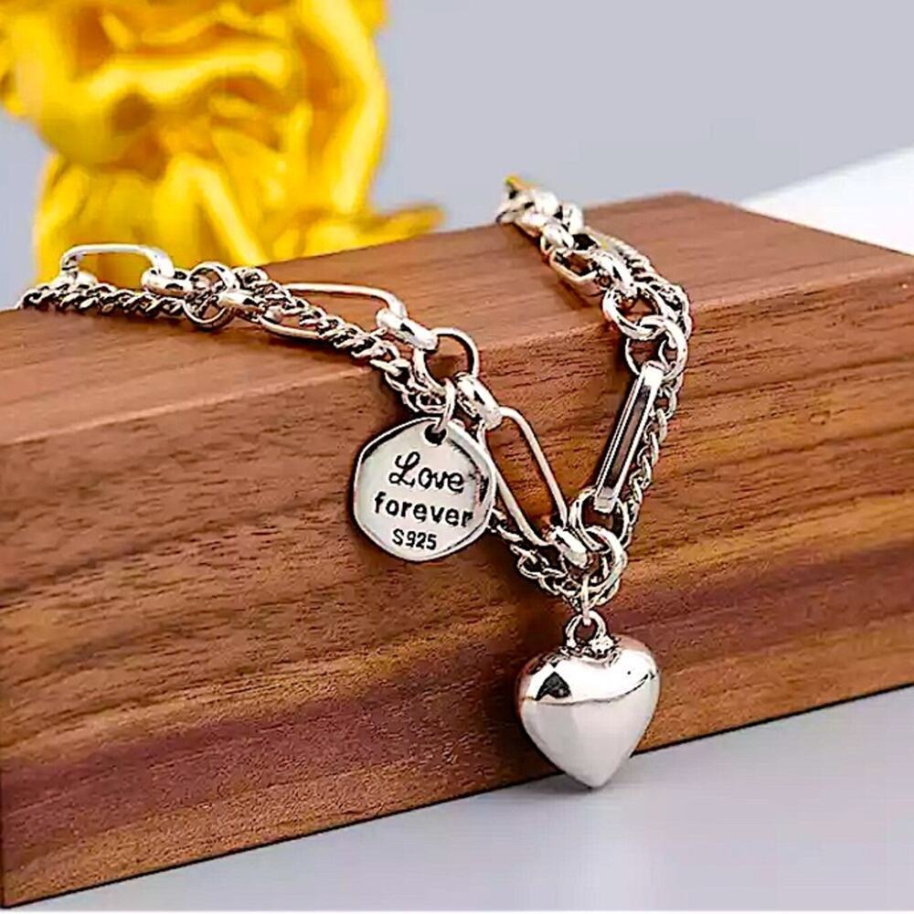 Sterling Silver Heart Charm Chain Link Bracelet